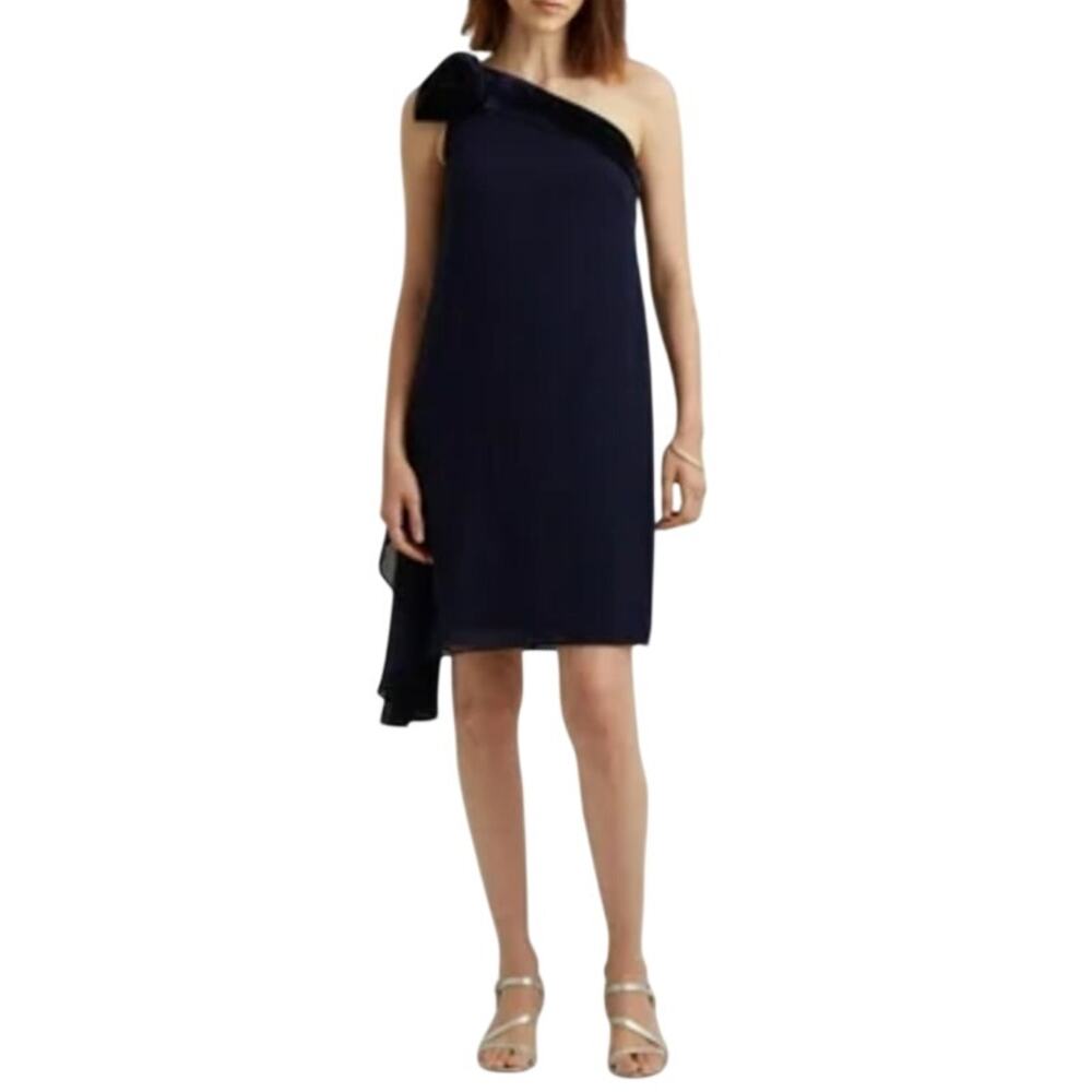 Ralph Lauren Blue Cocktail Dress Velvet and Chiffon One Shoulder Shift Size 4
